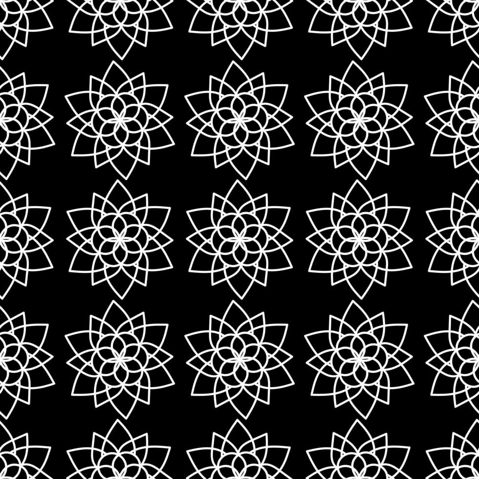 Seamless floral pattern. Minimal and geometric mandala flower elements. White outline isolated on black background. vector