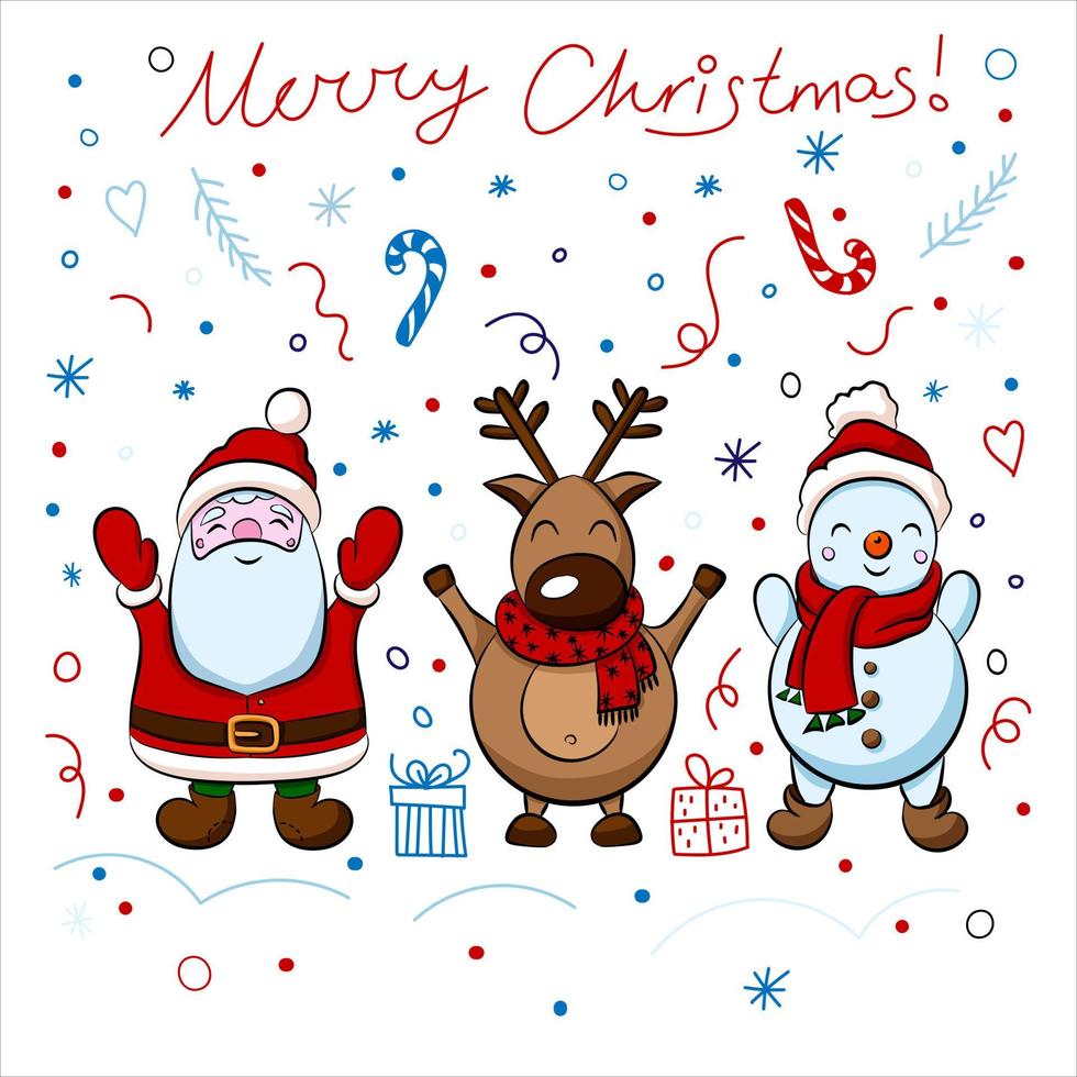 poner santa, muñeco de nieve y ciervo, copos de nieve, regalos, confeti, inscripción feliz navidad al estilo de los niños. vector