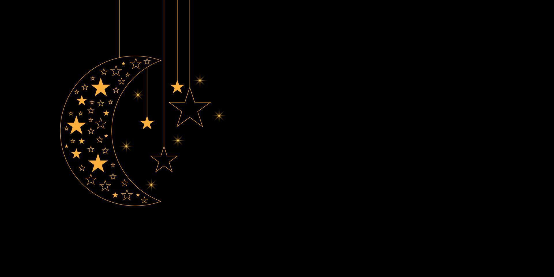 concepto de celebración de ramadán kareem. luna dorada y estrella brillante colgando sobre fondo negro para un banner, sitio web. telón de fondo de estilo islámico. fiesta musulmana y festival. vector