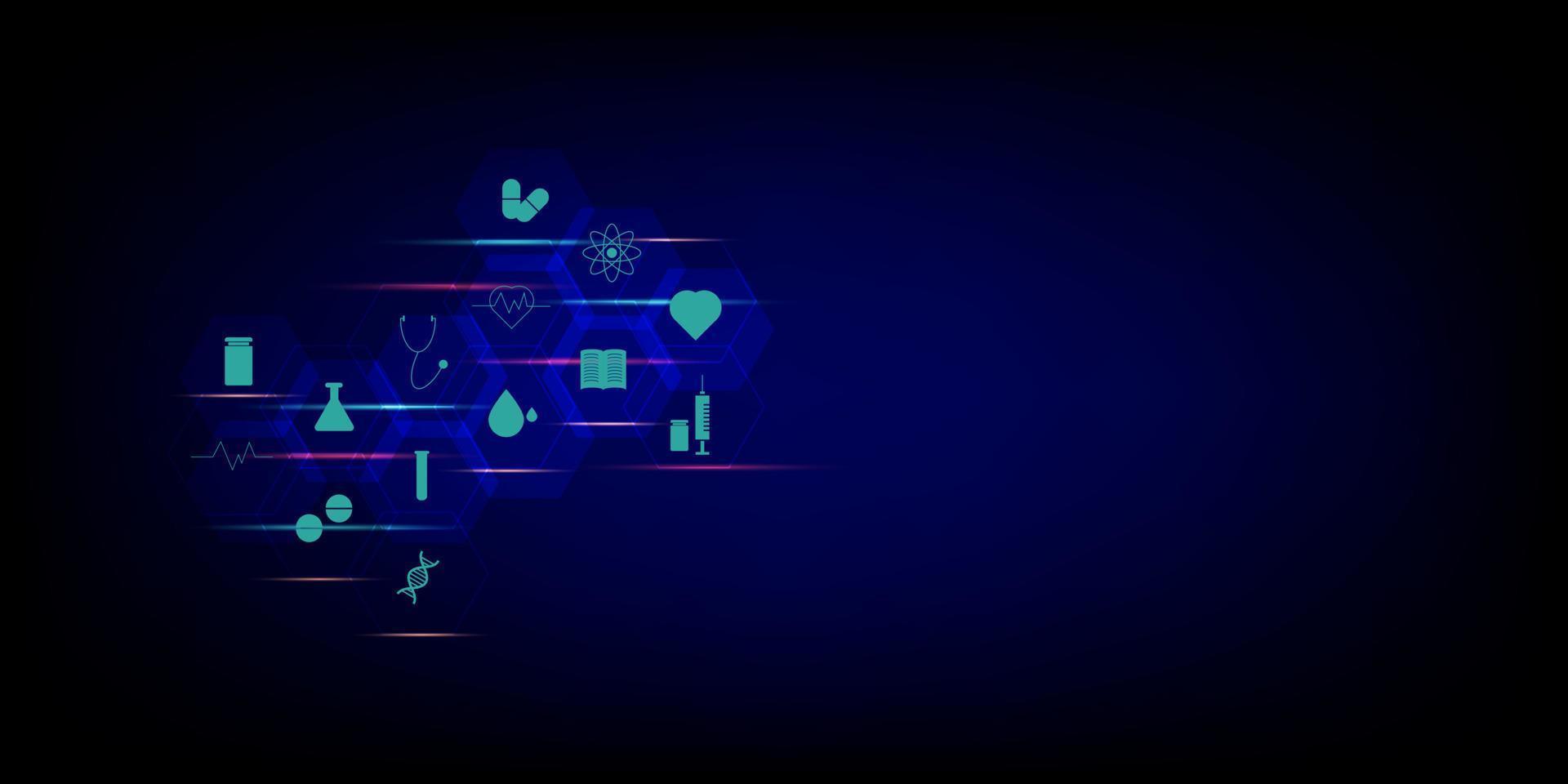 Telemediciene concept. Hexagonal shape with the icons of medical such as a syringe, drug, DNA, capsule, heart rate, and stethoscope on blue background. E-healthy and innovative medical diagnosis. vector