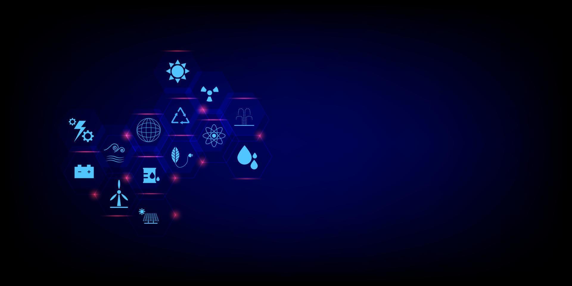 Energy resource concept. Hexagonal shape with icons of a solar cell, wind, fossil fuel, sun, nuclear, hot spring on blue and black background. vector