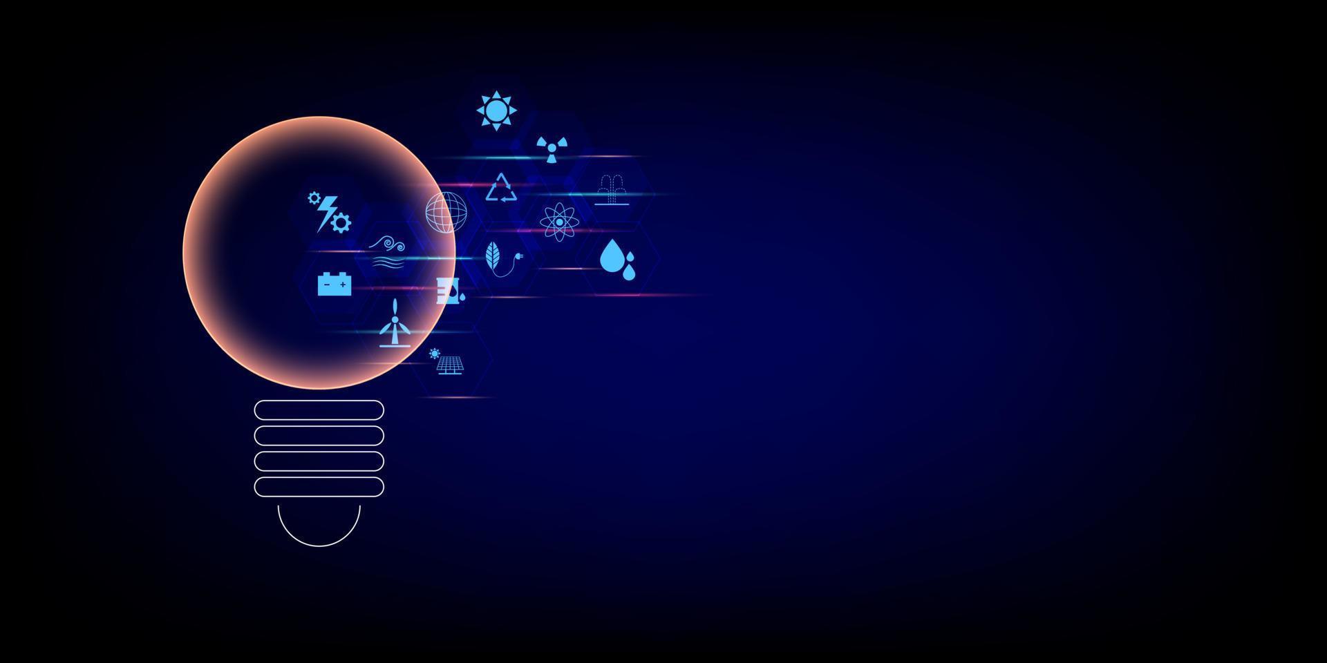 Energy resource concept. Light bulb with hexagonal shape with icons of a solar cell, wind, fossil fuel, sun, nuclear, hot spring on blue and black background. vector