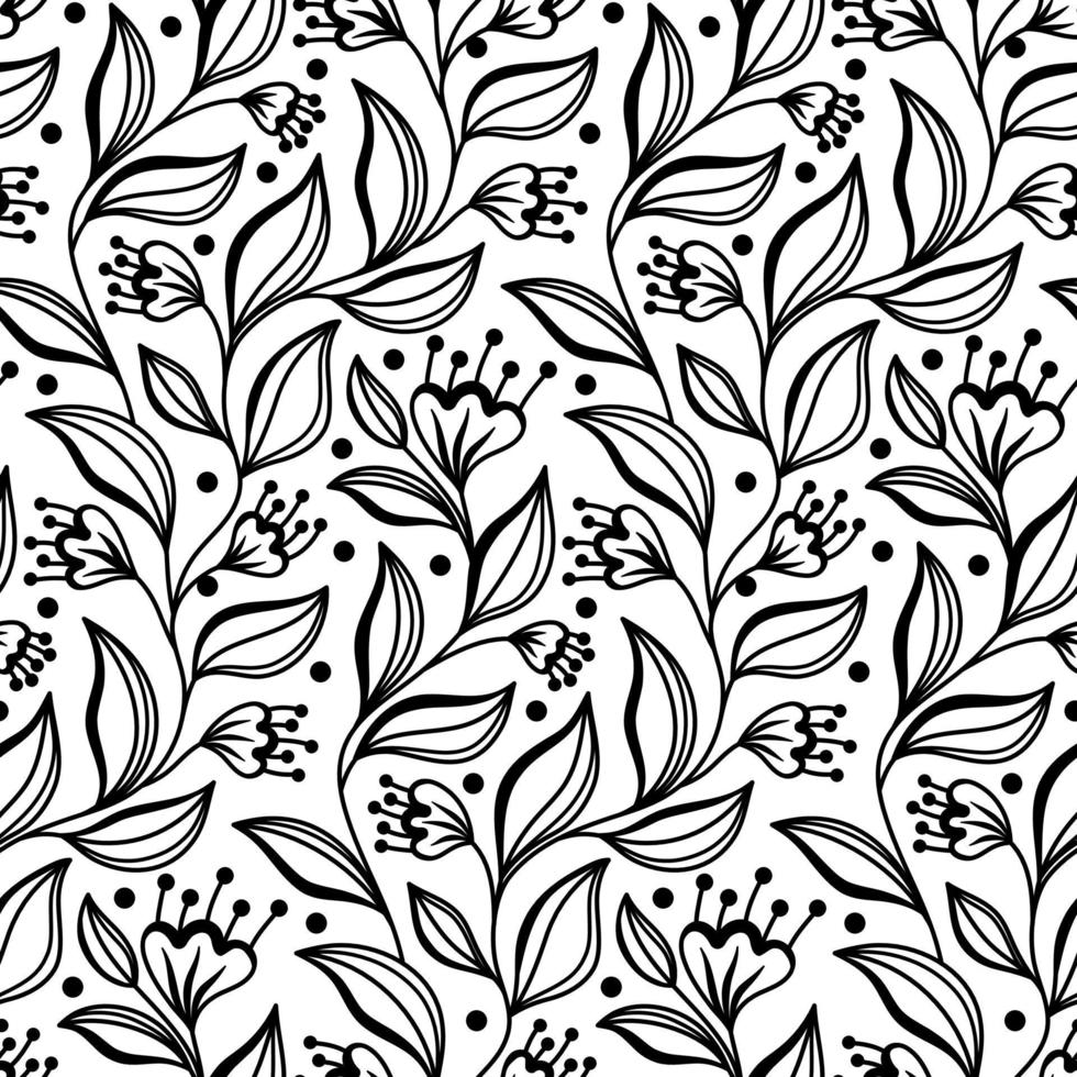 Black and White Floral Vector Seamless Pattern