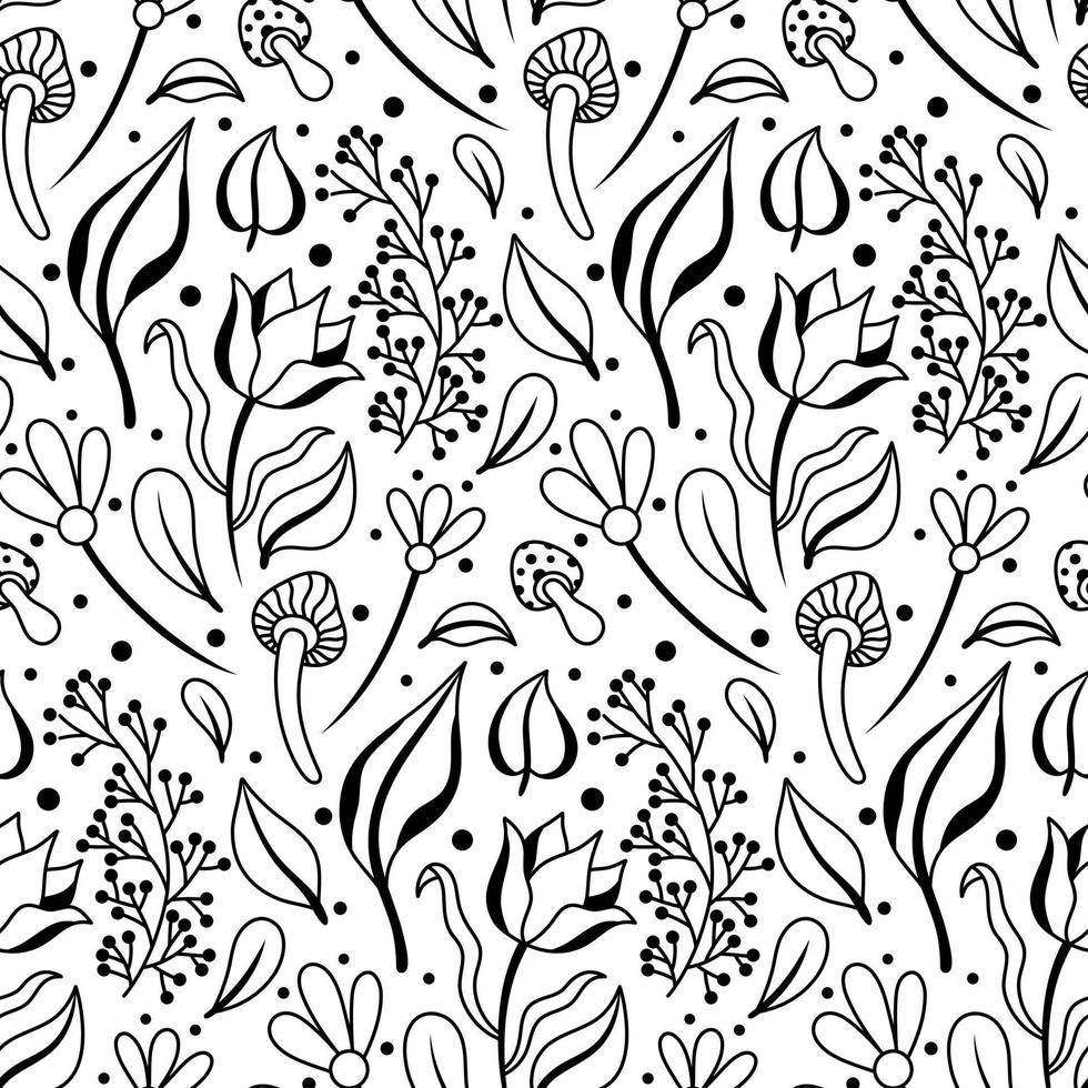 Black and White Floral Vector Seamless Pattern
