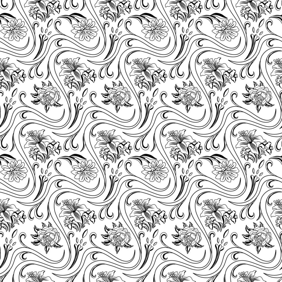 Black and White Floral Vector Seamless Pattern