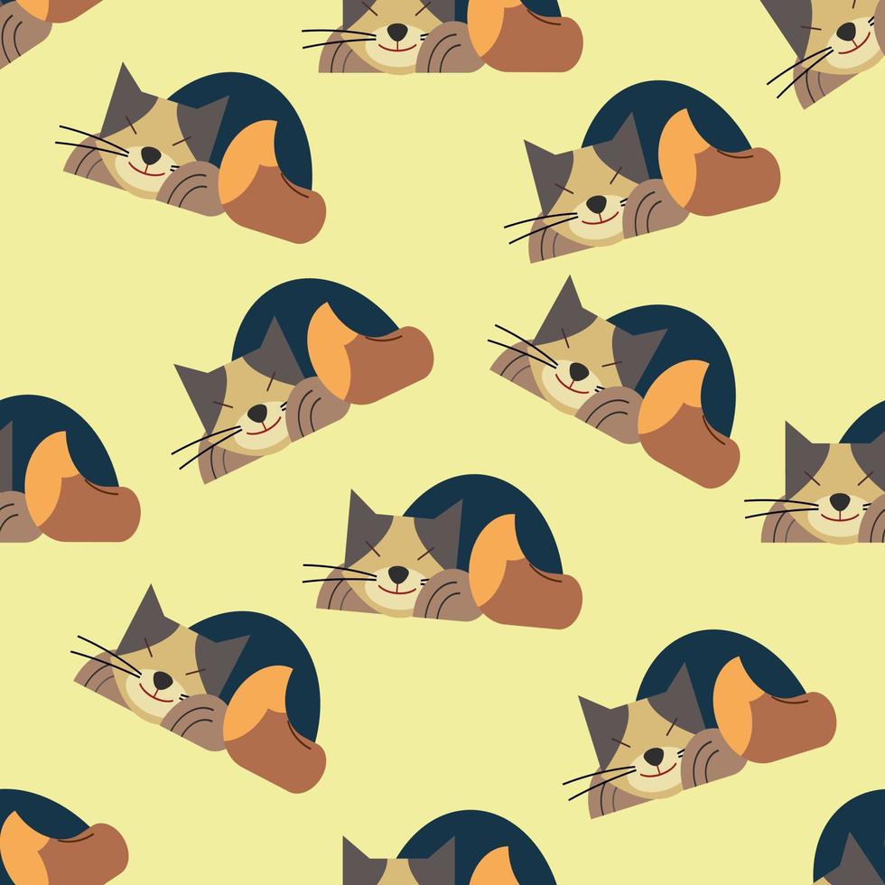 Cartoon cat pattern. Bright colors arranged on a yellow background. The concept of fabric pattern, wrap, children's clothing. vector