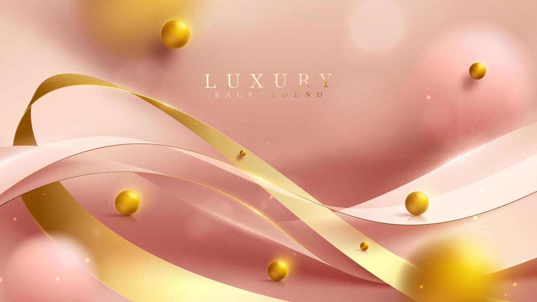 Pink luxury background with ribbon element and 3d gold ball decoration with blur effect and glitter light and bokeh. vector