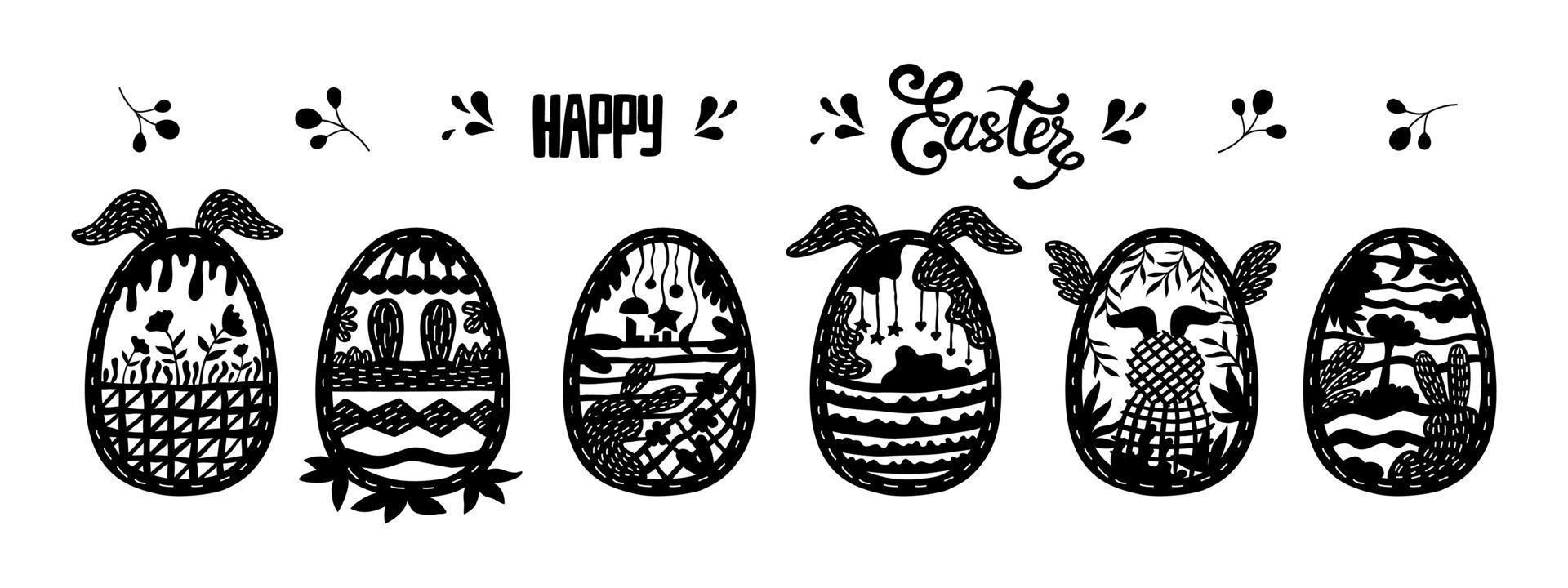 Black Easter Egg Pattern Set, doodle style design vector