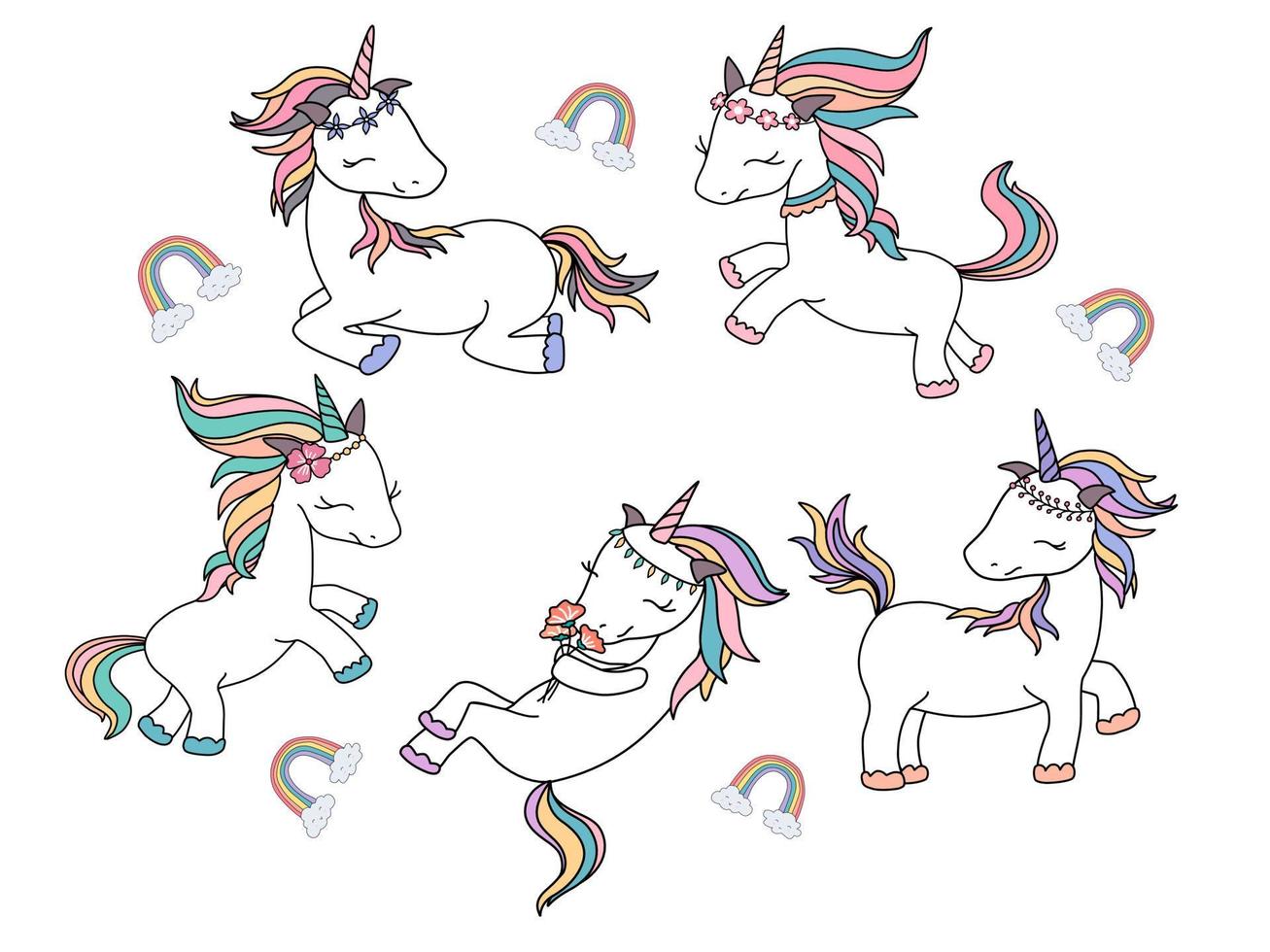 lindo conjunto de vectores de unicornio con fondo blanco, estilo de fideos