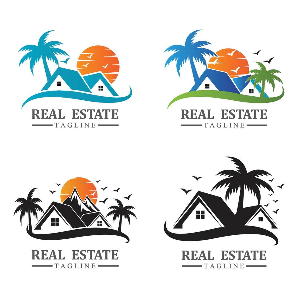 Real estate logo design icons with sun and birds free vector