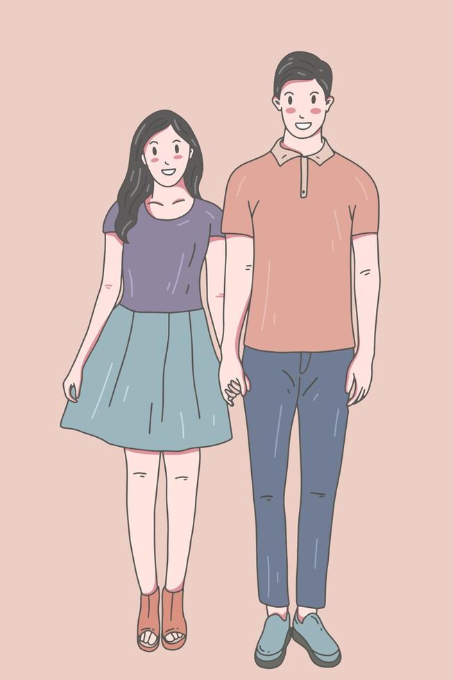 Cute Couple Happy Love Together Boyfriend and Girlfriend Women Men Girl Pastel Color Fashion Clipart Doodle Line Art illustration vector