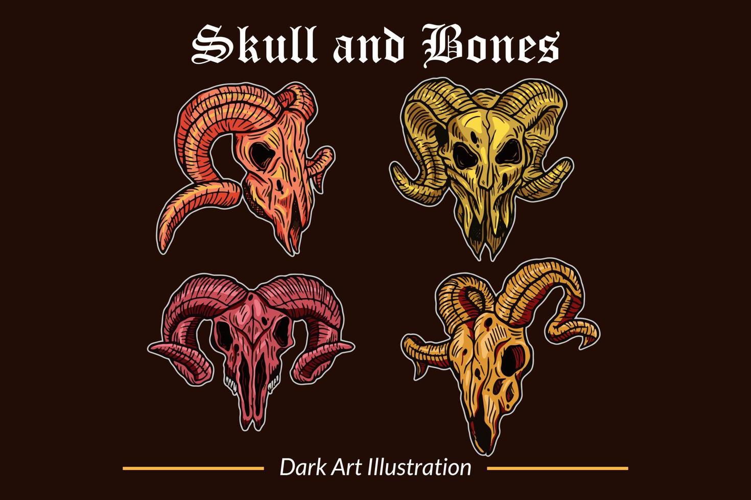 Set Dark Art Skull Head and Bones horror vintage Collection for tattoo and t-shirt hand drawn vector