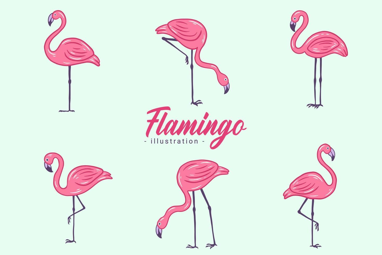 Set of Cute Flamingo pink Bird flamingos Aesthetic Tropical Exotic Hand drawn flat style collection vector