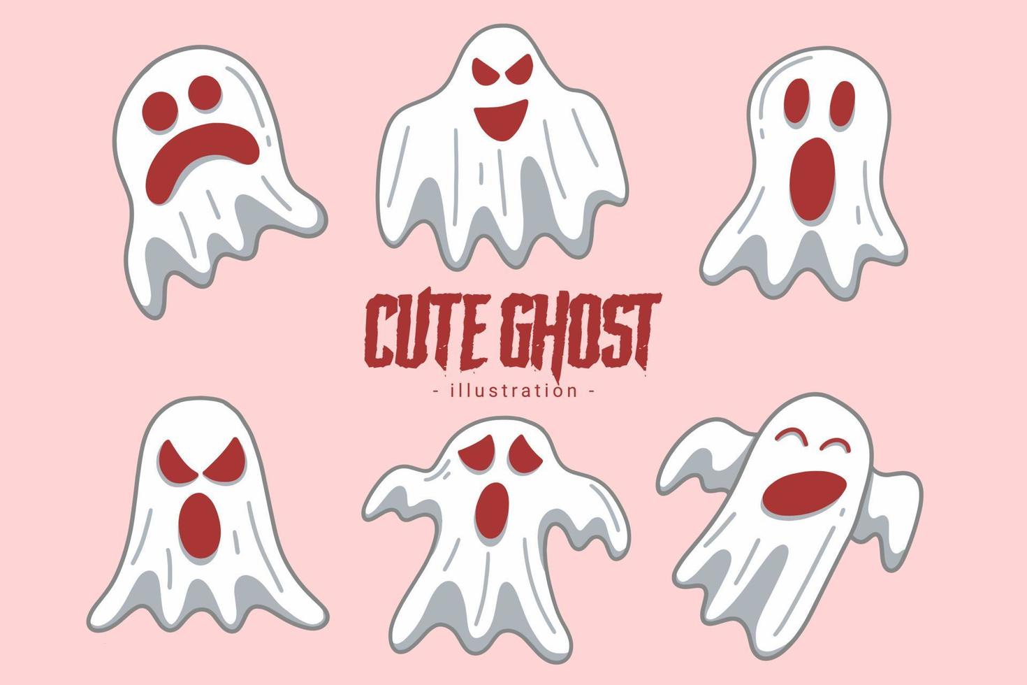 Set of Collection Cute Ghost Horror Cartoon flat design hand drawn Spooky emoji funny spirit doodle vector