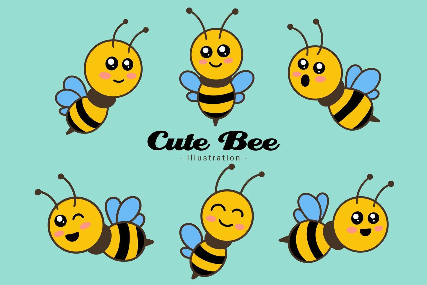conjunto de lindo animal de miel de abeja con diferentes poses dibujos animados clipart infantil pequeña abeja mascota diseño plano vector
