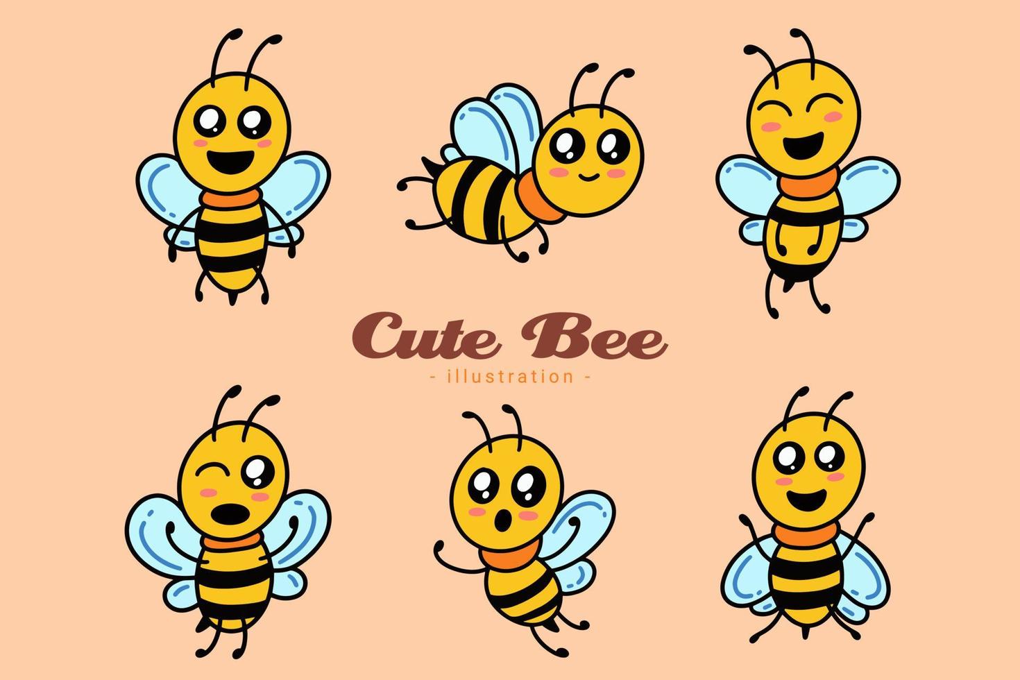 conjunto de lindo animal de miel de abeja con diferentes poses dibujos animados clipart infantil pequeña abeja mascota diseño plano vector