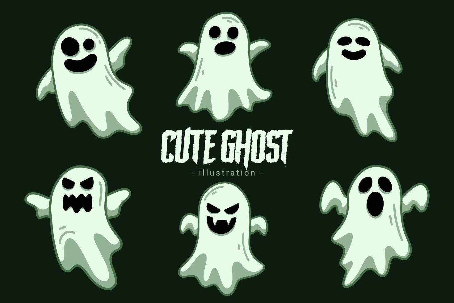 Set of Collection Cute Ghost Horror Cartoon flat design hand drawn Spooky emoji funny spirit doodle vector