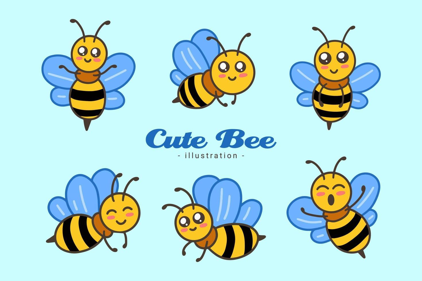 conjunto de lindo animal de miel de abeja con diferentes poses dibujos animados clipart infantil pequeña abeja mascota diseño plano vector