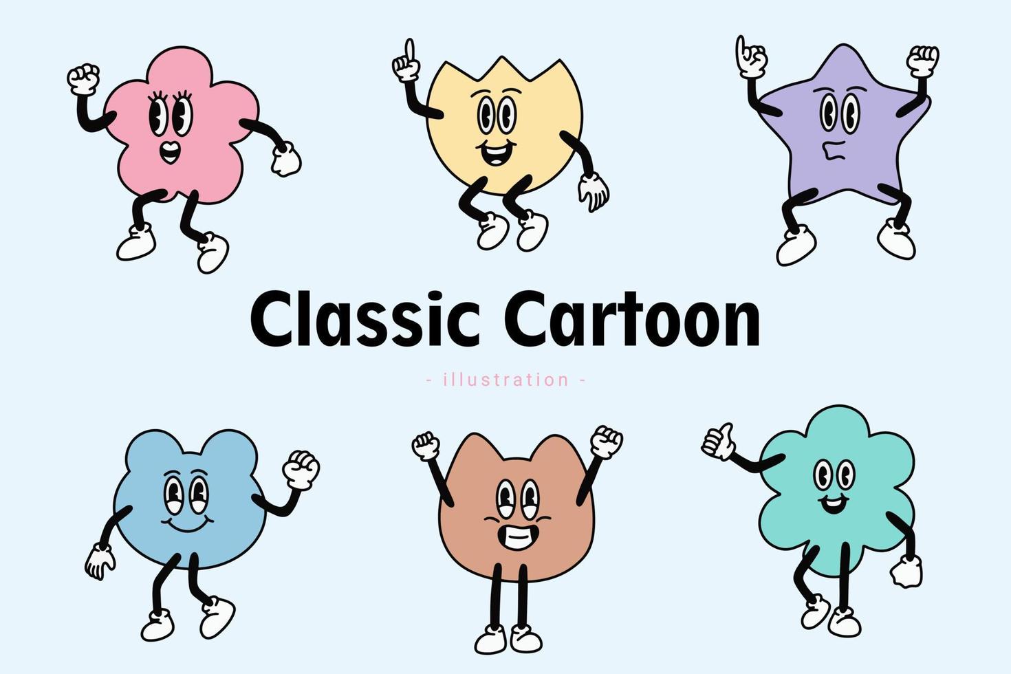 Set of Cute Classic Vintage Cartoon Comic emotion Happy with face expression hand and foot doodle character vector