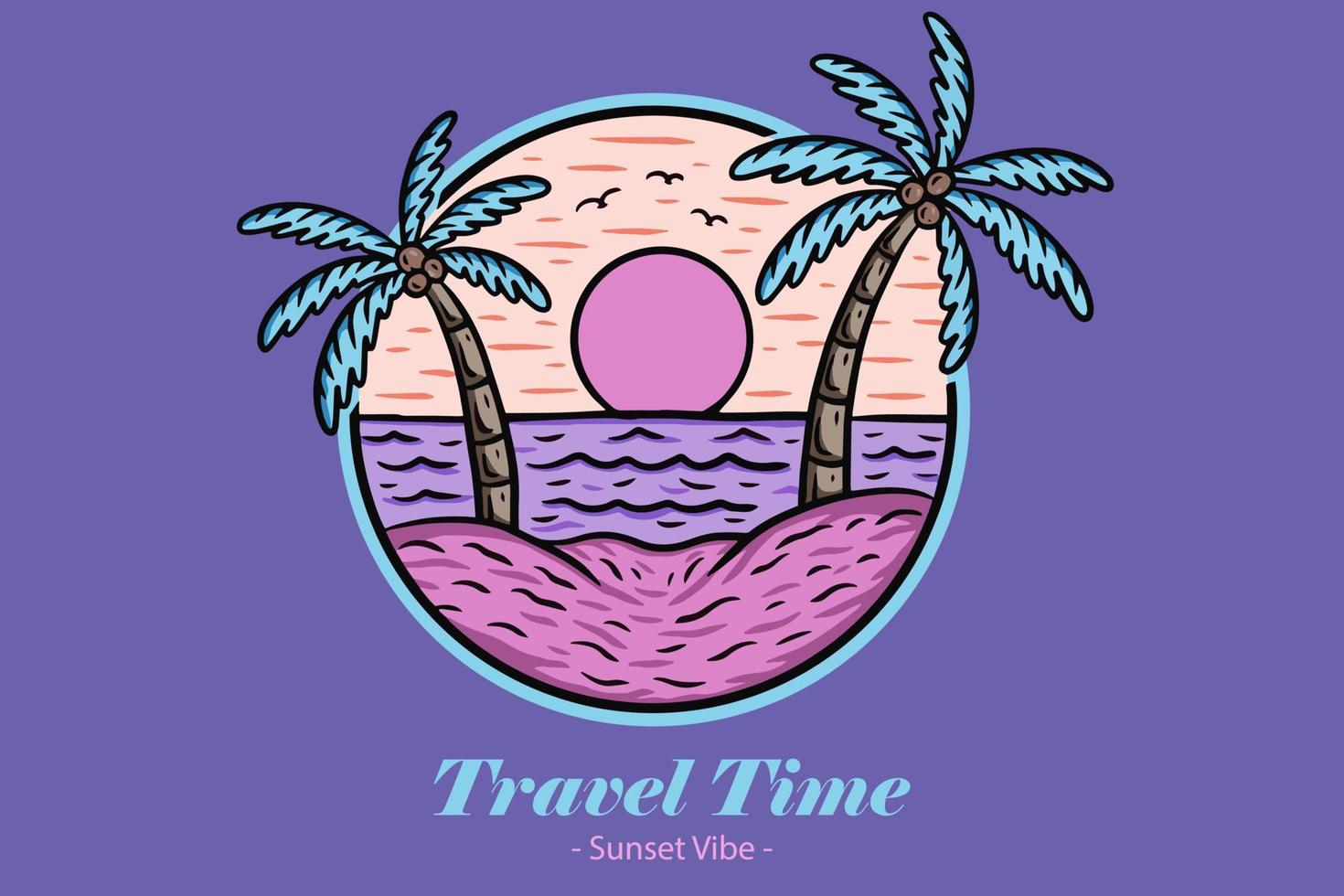 Summer Time Badges with Sunset and Wave Coconut Tree and Surf Beach paradise island heaven vector