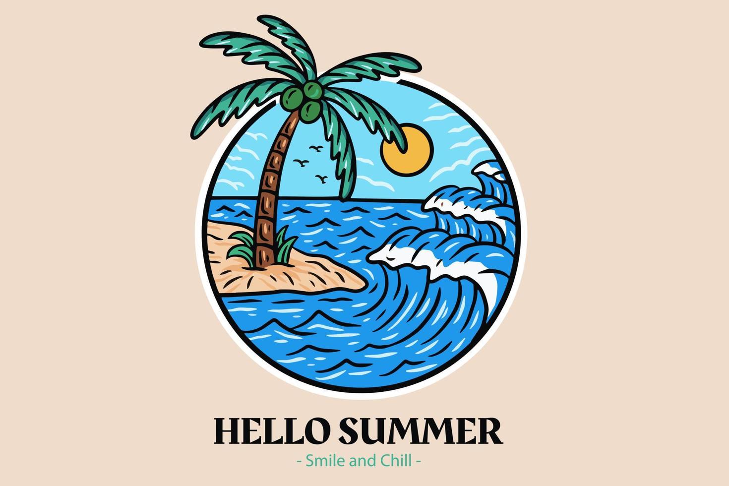 Summer Time Badges with Sunset and Wave Coconut Tree and Surf Beach paradise island heaven vector