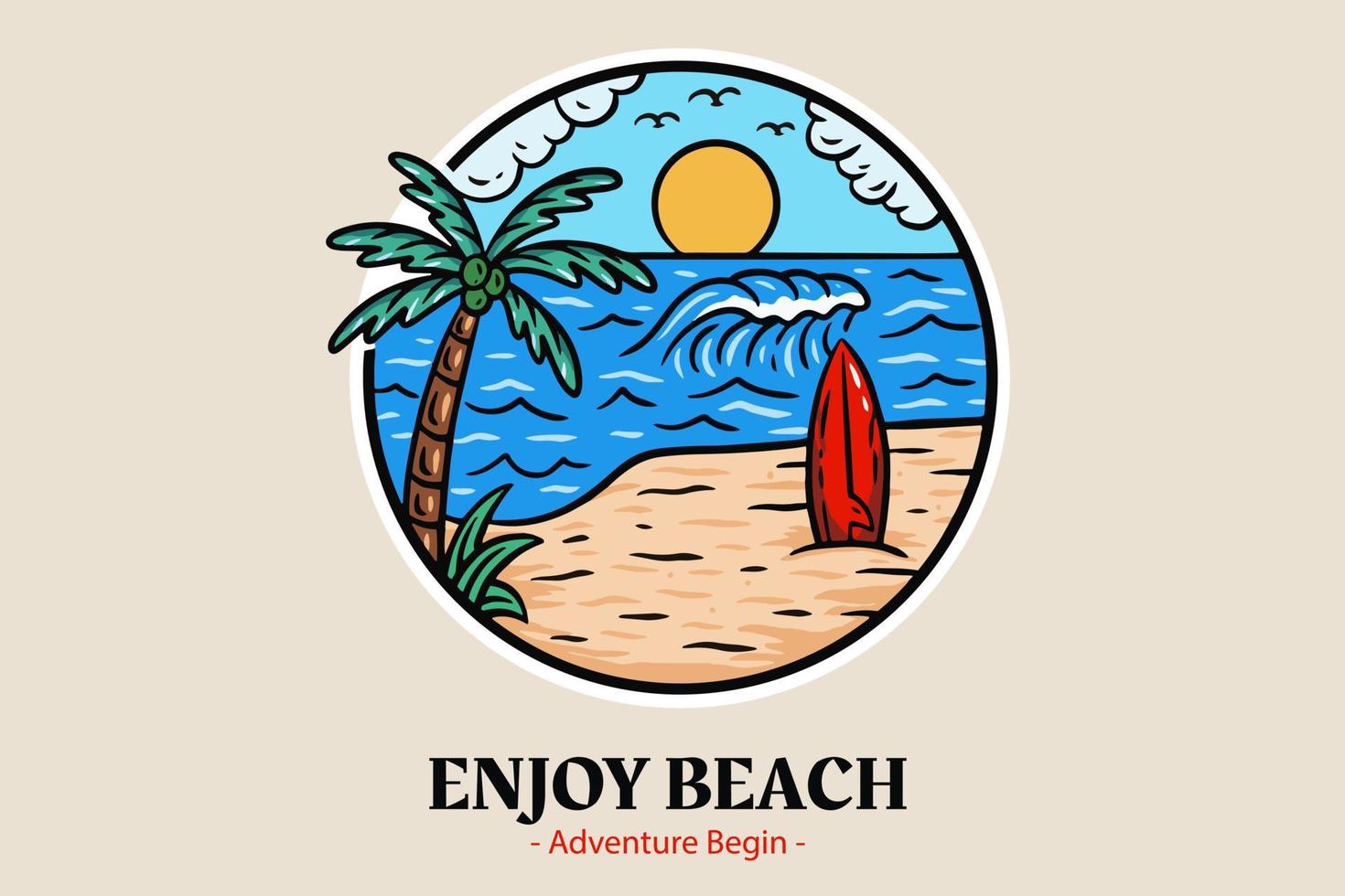 Summer Time Badges with Sunset and Wave Coconut Tree and Surf Beach paradise island heaven vector