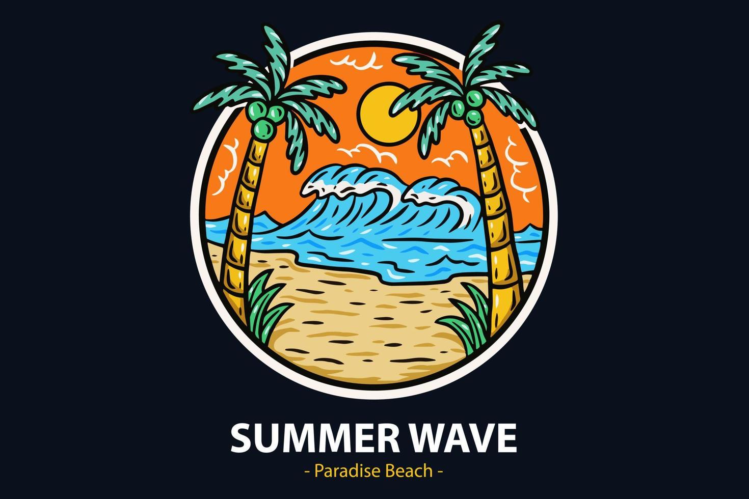 insignias de horario de verano con puesta de sol y ola cocotero y surf playa paraíso isla cielo vector