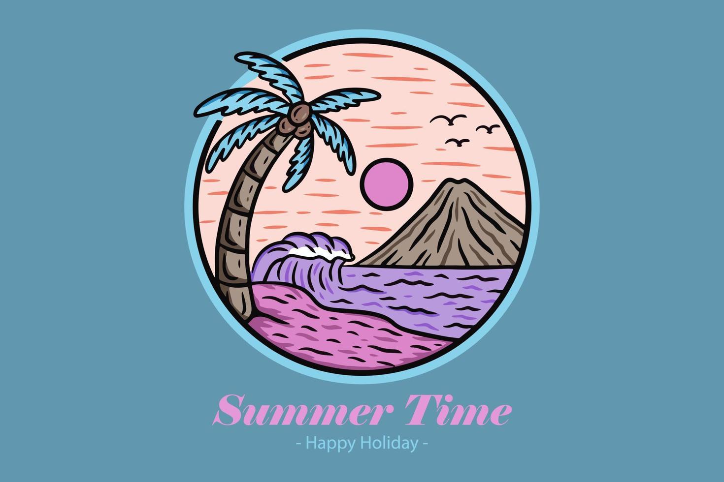 insignias de horario de verano con puesta de sol y ola cocotero y surf playa paraíso isla cielo vector