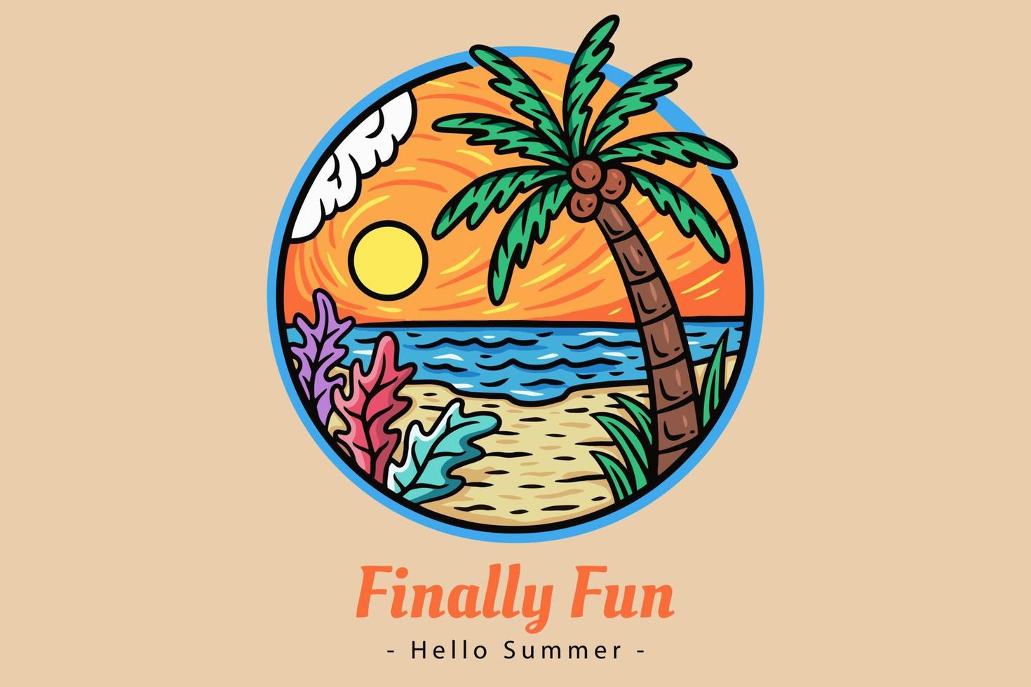 Summer Time Badges with Sunset and Wave Coconut Tree and Surf Beach paradise island heaven vector