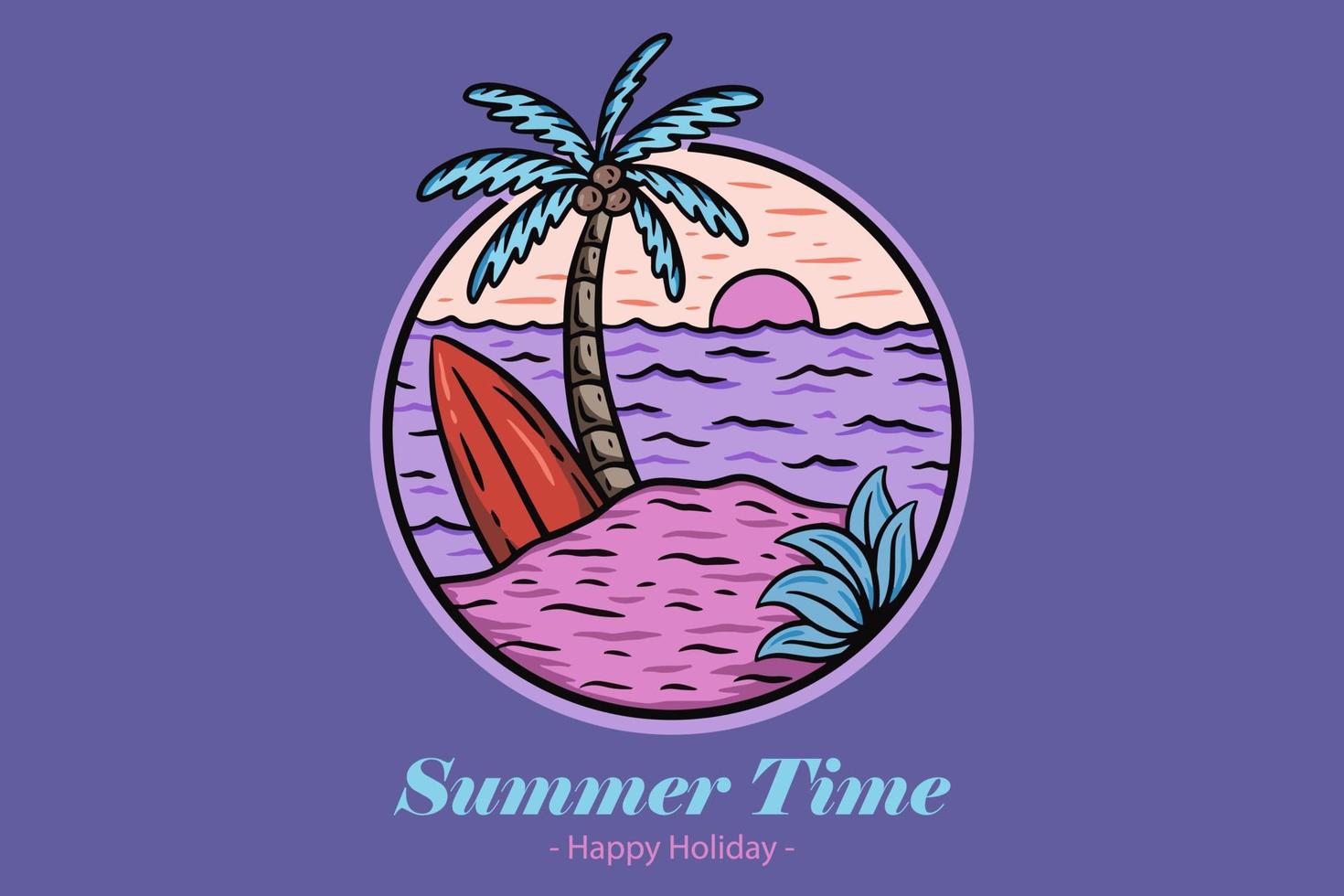 insignias de horario de verano con puesta de sol y ola cocotero y surf playa paraíso isla cielo vector