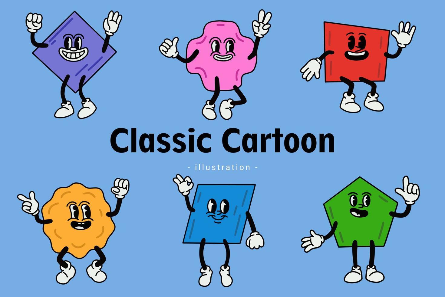 Set of Cute Classic Vintage Cartoon Comic emotion Happy with face expression hand and foot doodle character vector