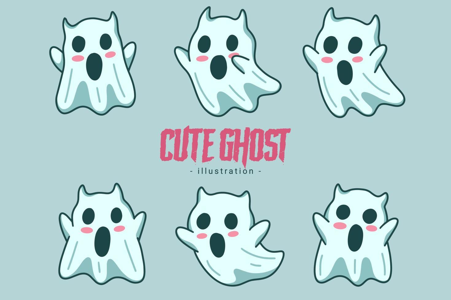 Set of Collection Cute Ghost Horror Cartoon flat design hand drawn Spooky emoji funny spirit doodle vector