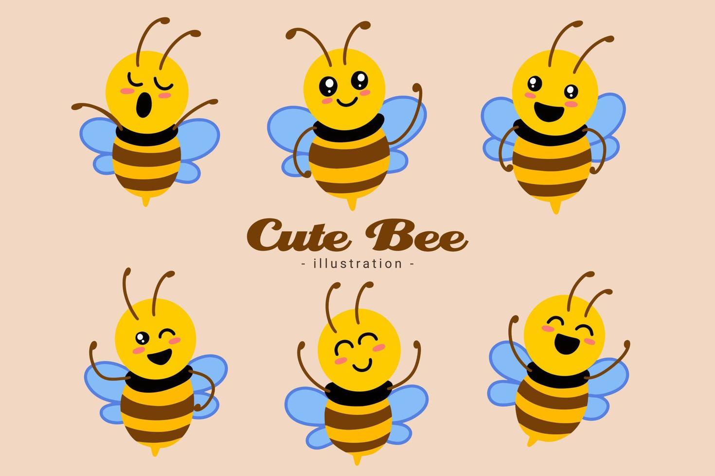 conjunto de lindo animal de miel de abeja con diferentes poses dibujos animados clipart infantil pequeña abeja mascota diseño plano vector