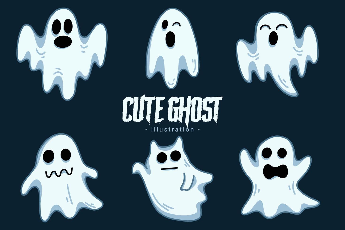 Set of Collection Cute Ghost Horror Cartoon flat design hand drawn Spooky emoji funny spirit doodle vector