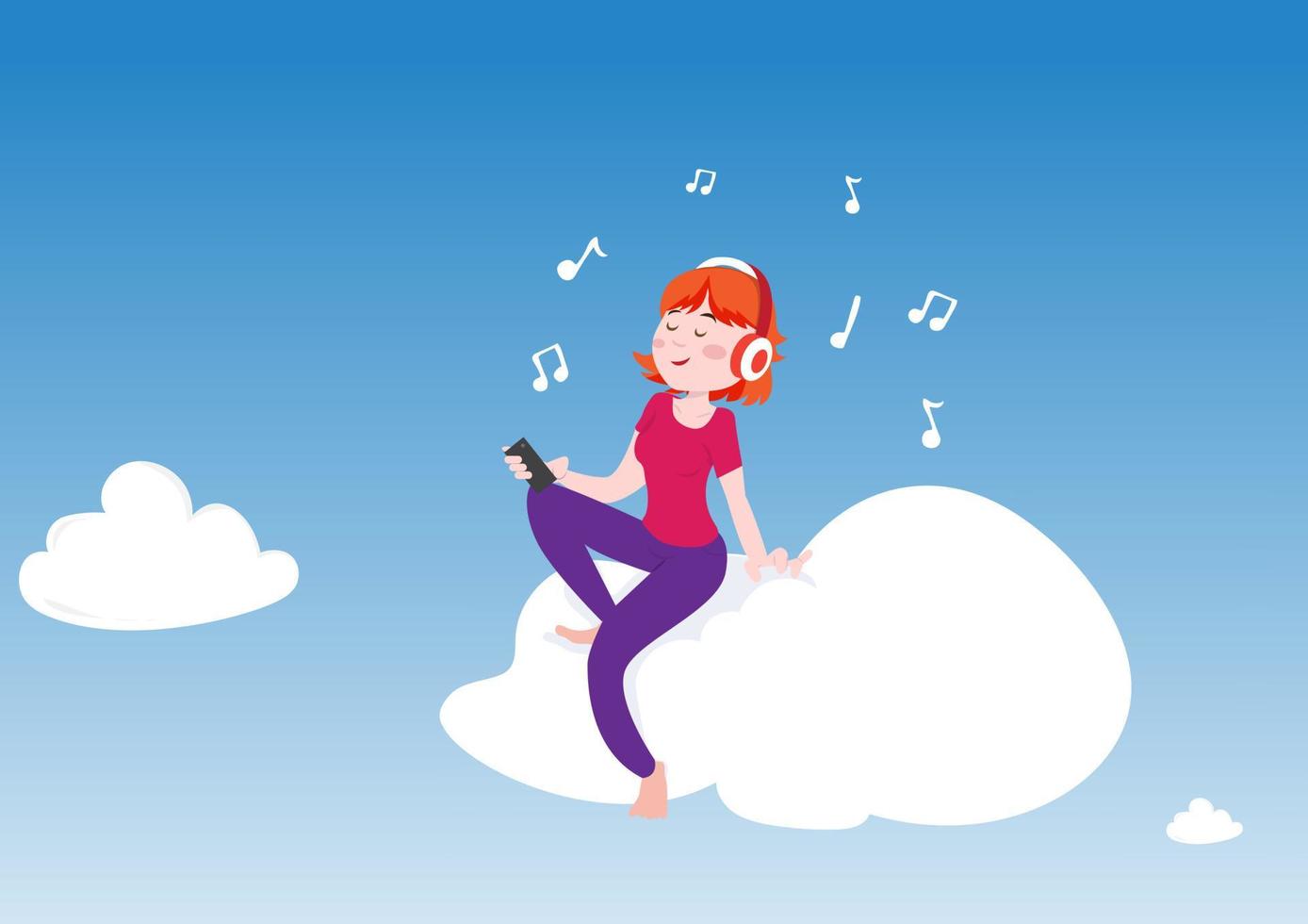 Beautiful girl uses music therapy, listens to music, enjoys the rhythm. sitting on the clouds vector