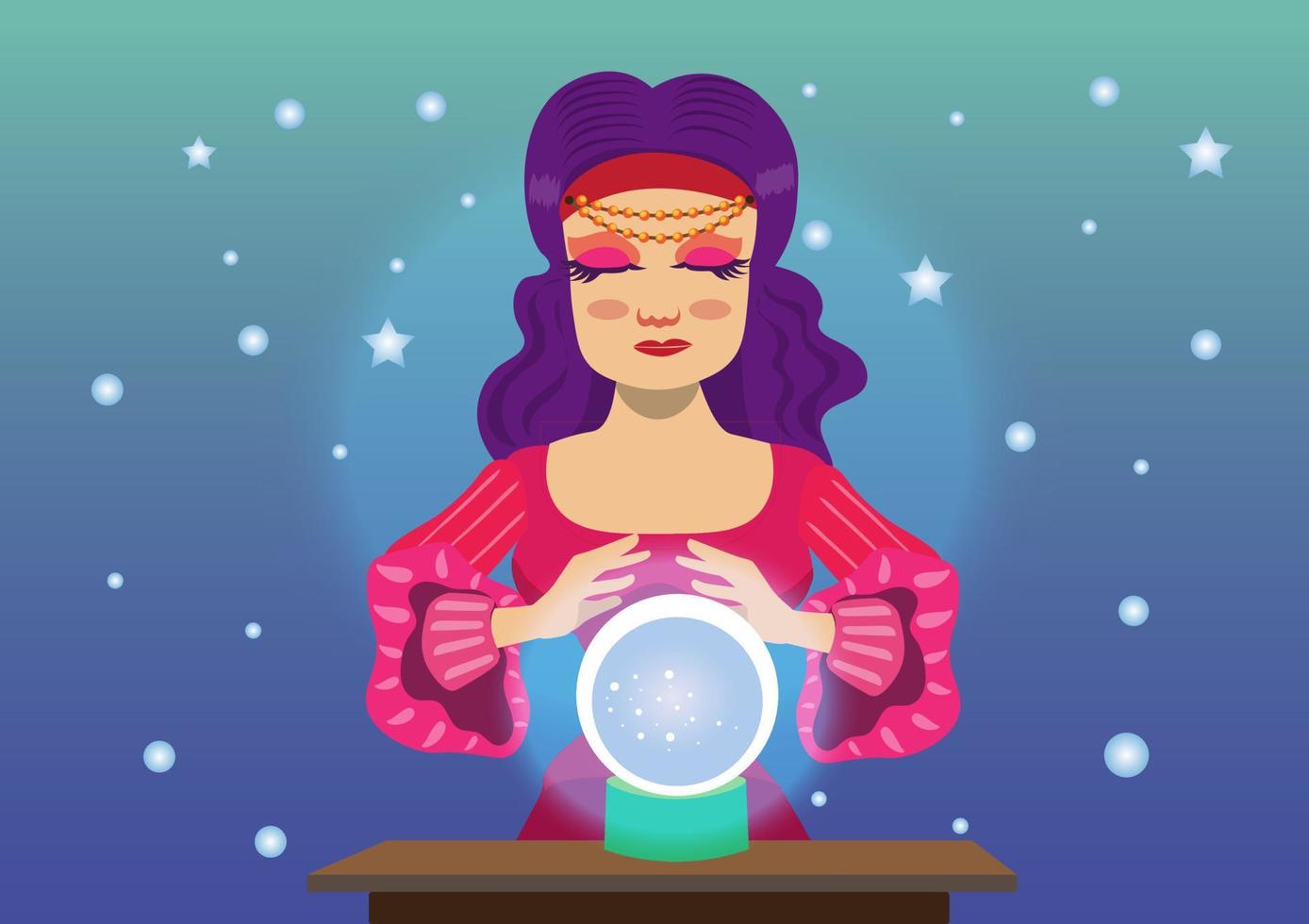 Gypsy fortune teller with crystal ball and a table. Cartoon illustration of woman oracle. Girl, witch predicts fate. vector