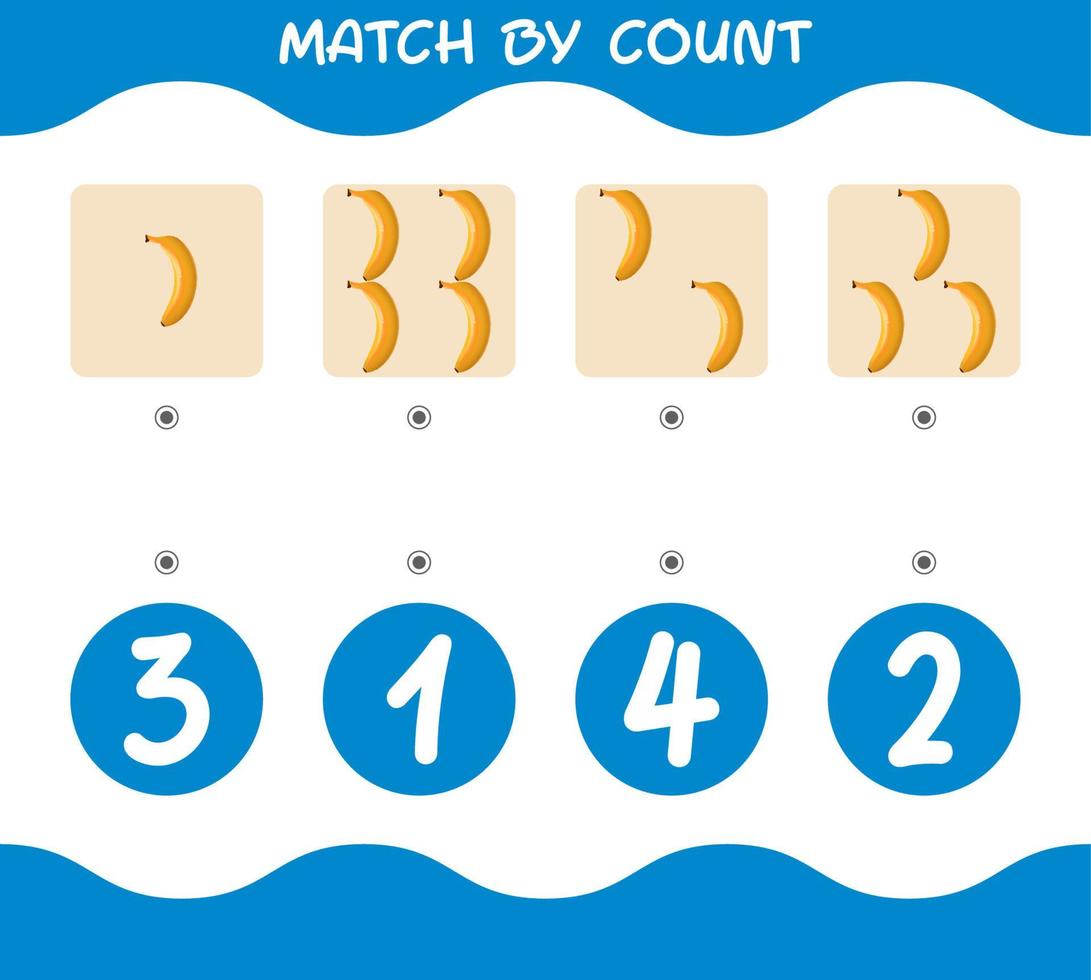 Match by count of cartoon bananas. Match and count game. Educational game for pre shool years kids and toddlers vector