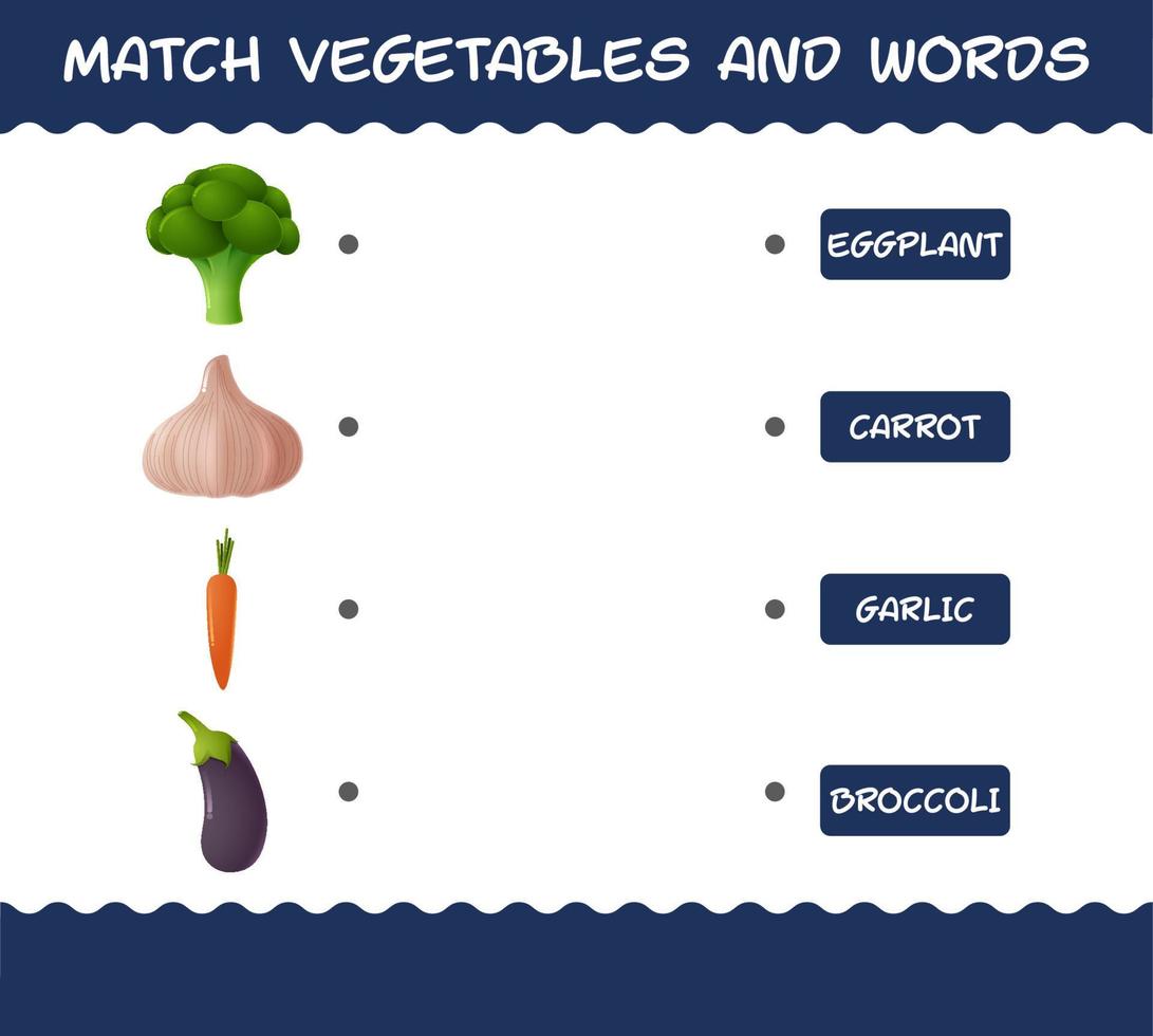 combinar verduras y palabras de dibujos animados. juego de correspondencias. juego educativo para niños y niños pequeños en edad preescolar vector