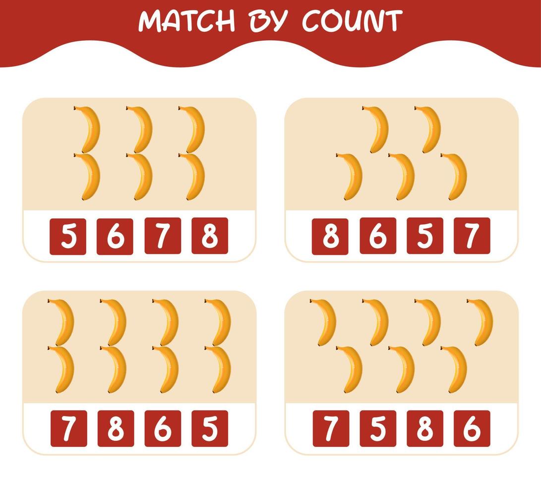 Match by count of cartoon bananas. Match and count game. Educational game for pre shool years kids and toddlers vector