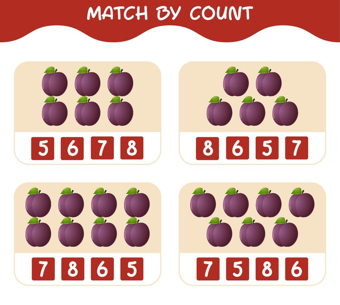 Match by count of cartoon plums. Match and count game. Educational game for pre shool years kids and toddlers vector