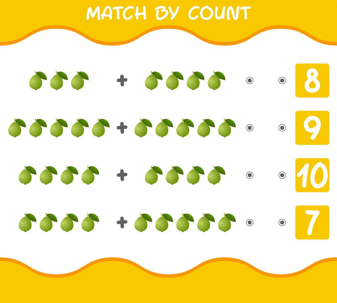 Match by count of cartoon guavas. Match and count game. Educational game for pre shool years kids and toddlers vector