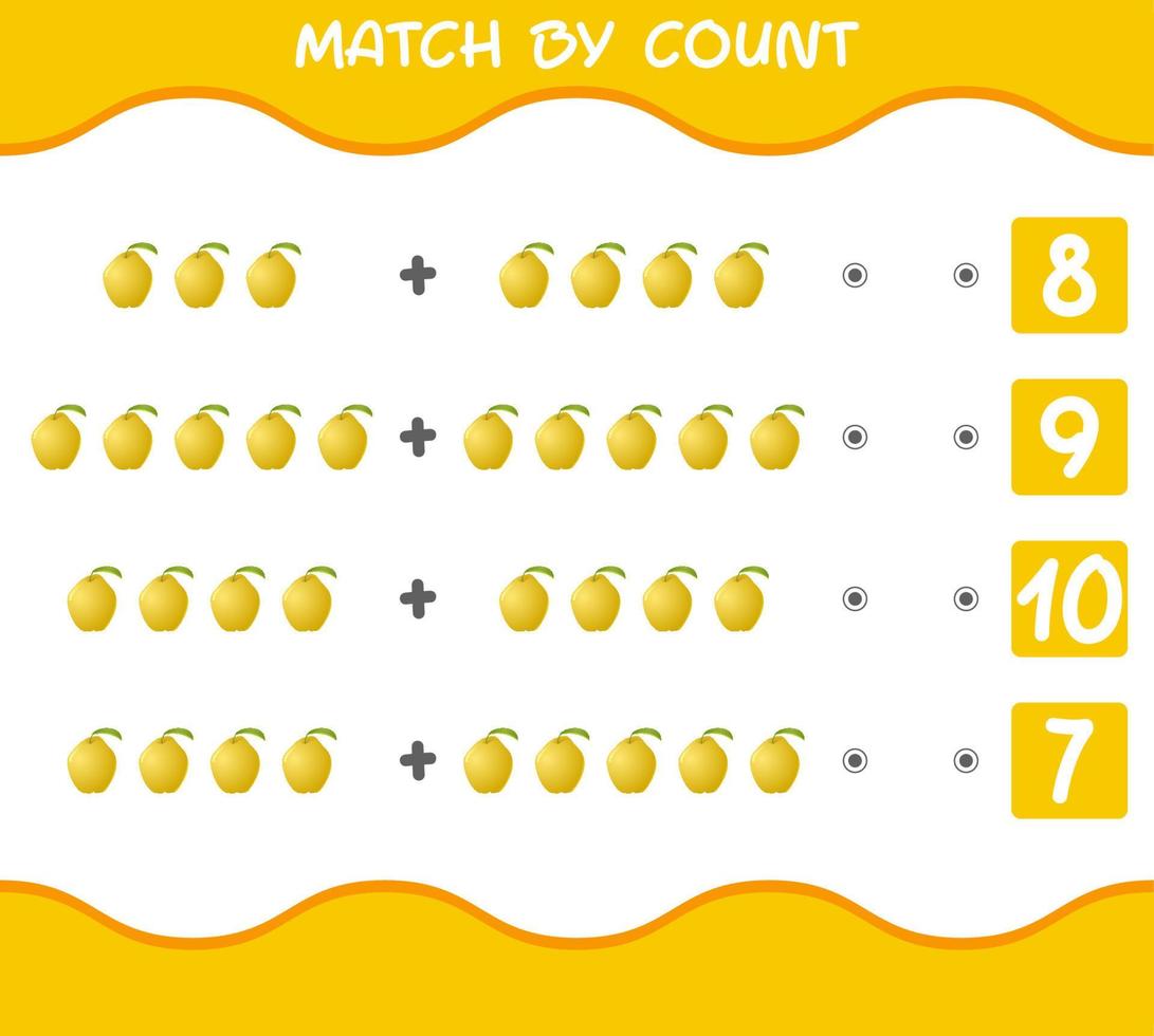 Match by count of cartoon quinces. Match and count game. Educational game for pre shool years kids and toddlers vector