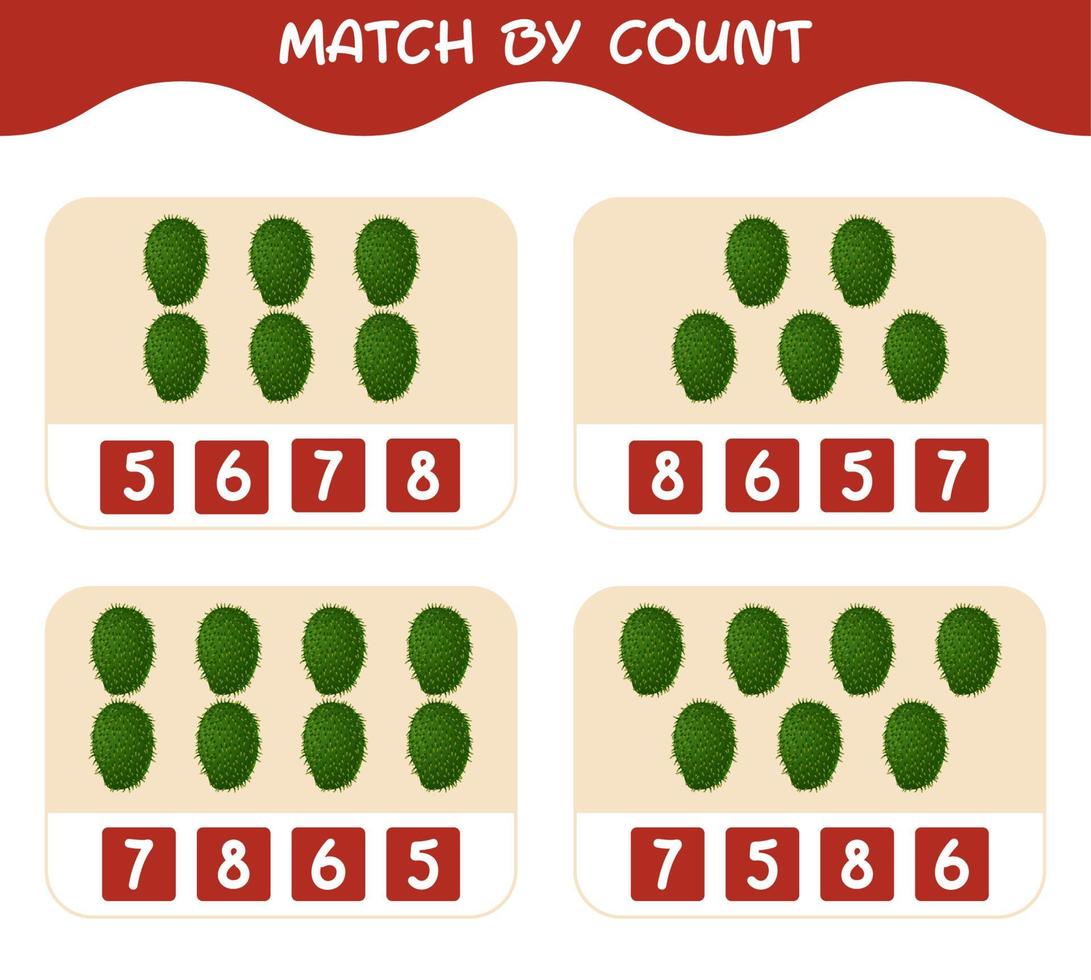 Match by count of cartoon soursops. Match and count game. Educational game for pre shool years kids and toddlers vector