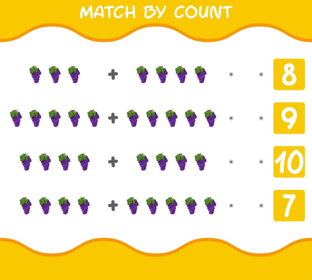 Match by count of cartoon purple grape. Match and count game. Educational game for pre shool years kids and toddlers vector