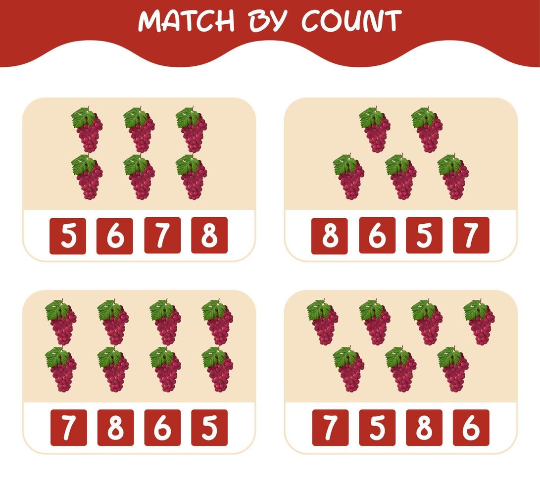 Match by count of cartoon red grapes. Match and count game. Educational game for pre shool years kids and toddlers vector