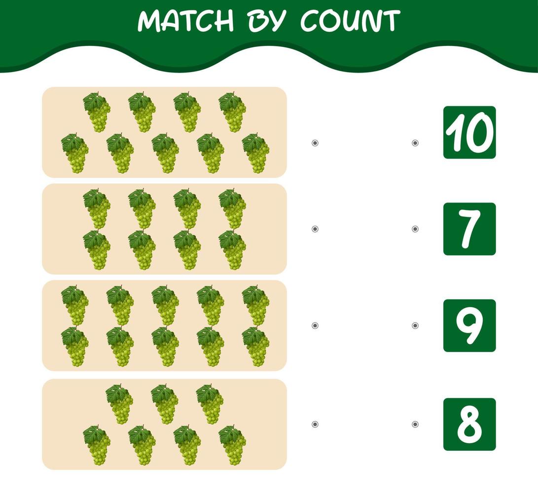 Match by count of cartoon green grapes. Match and count game. Educational game for pre shool years kids and toddlers vector