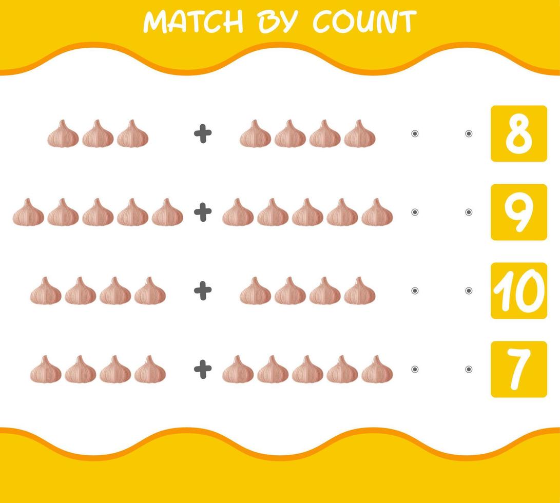 Match by count of cartoon garlics. Match and count game. Educational game for pre shool years kids and toddlers vector