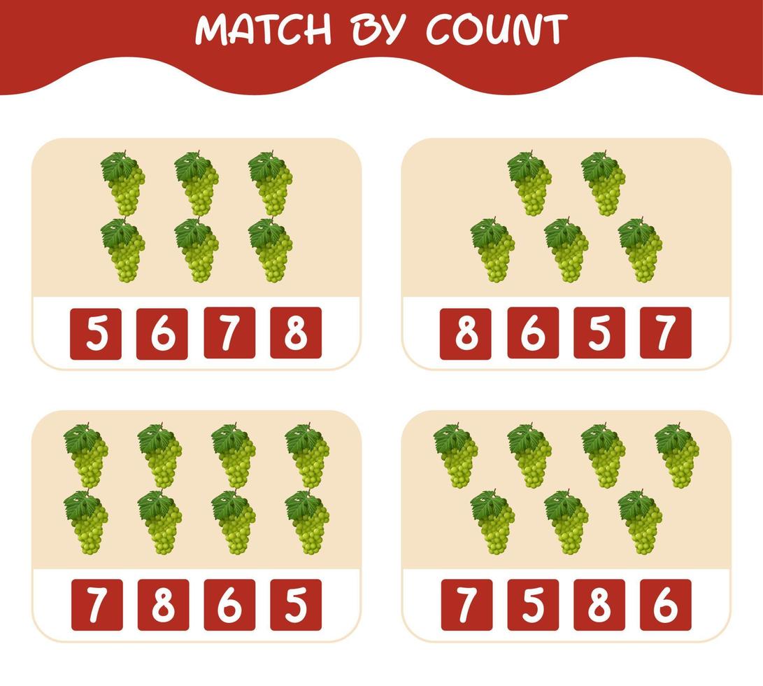 Match by count of cartoon green grapes. Match and count game. Educational game for pre shool years kids and toddlers vector