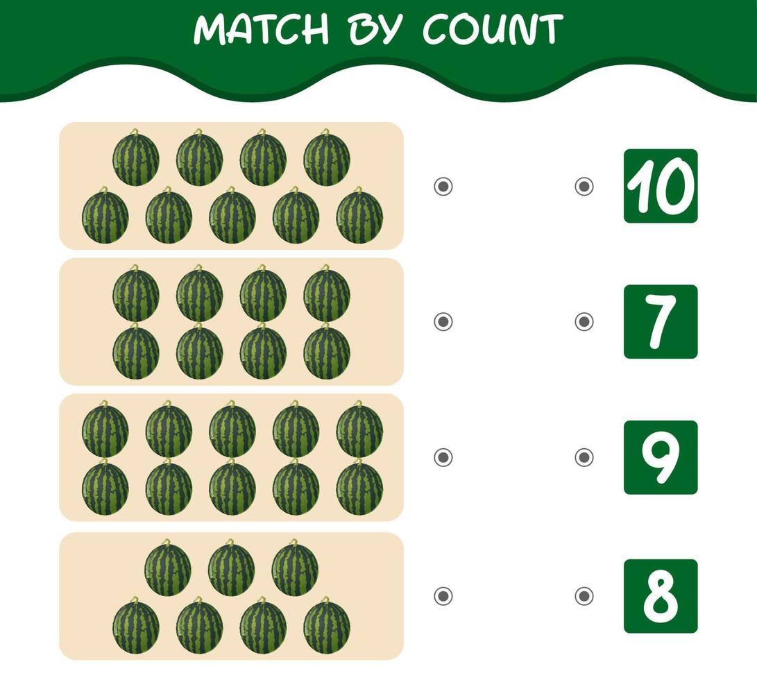 Match by count of cartoon watermelons. Match and count game. Educational game for pre shool years kids and toddlers vector