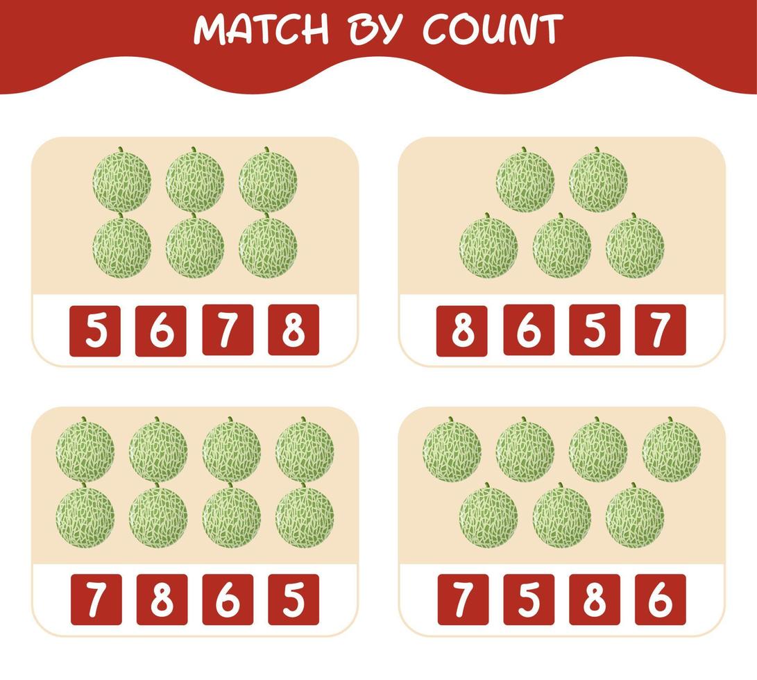 Match by count of cartoon melons. Match and count game. Educational game for pre shool years kids and toddlers vector